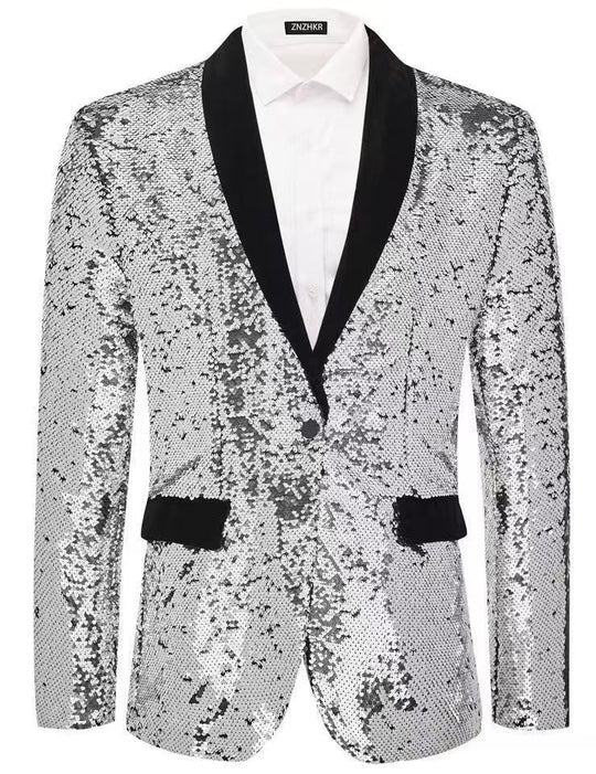 Herren Smokingblazer mit glänzenden Pailletten und eleganter Satinkragen R&B