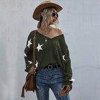 Damen lässiger Strickpullover mit asymmetrischem Schnitt und Sternenmuster
