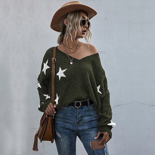 Damen lässiger Strickpullover mit asymmetrischem Schnitt und Sternenmuster R&B