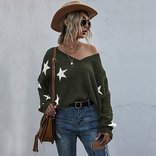 Damen lässiger Strickpullover mit asymmetrischem Schnitt und Sternenmuster R&B