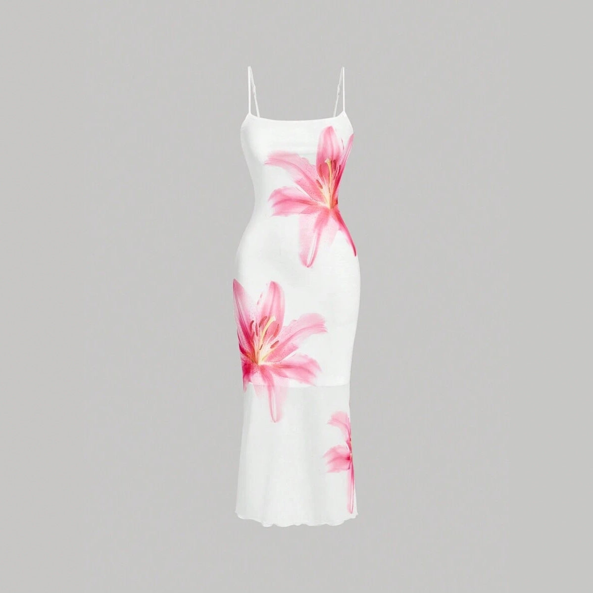 Damen sommerliches Blumenkleid mit feinen Spaghetti-Trägern und fließendem Schnitt R&B