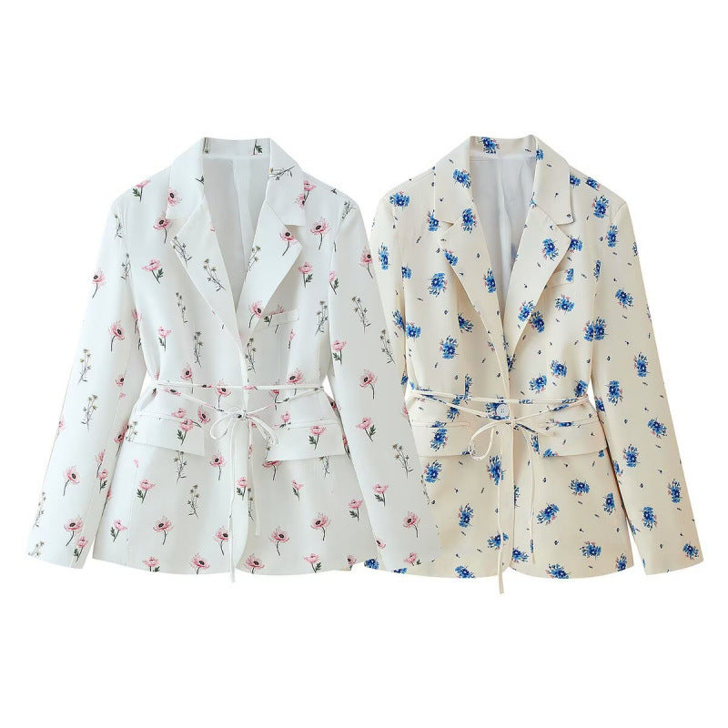 Damen Blazerjacke mit floralem Muster und taillierbarem Gürtel R&B