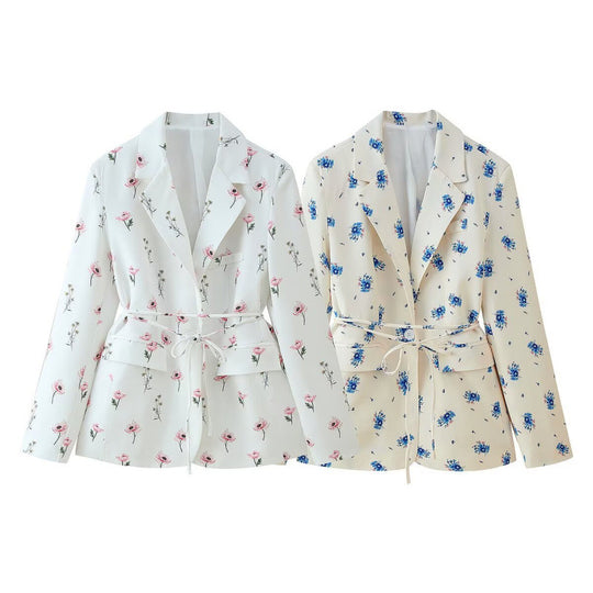 Damen Blazerjacke mit floralem Muster und taillierbarem Gürtel R&B