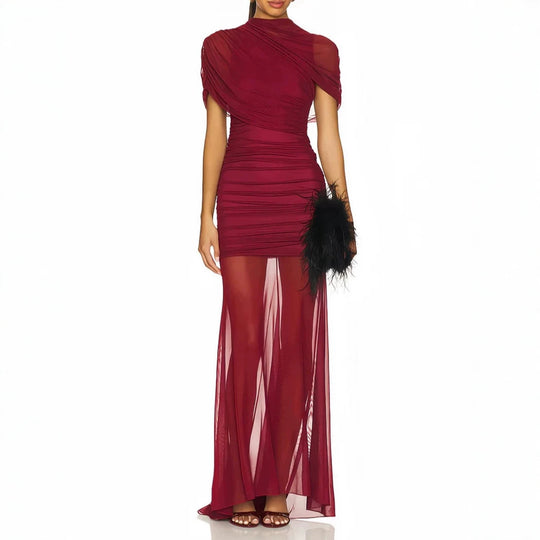 Damen Elegantes Cocktailkleid mit gerafftem Design und transparenter Schicht R&B