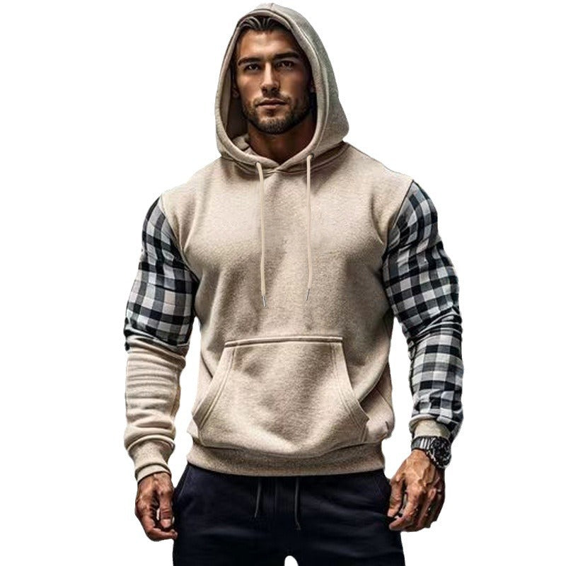 Herren Hoodie mit karierten Ärmeln und Kängurutasche R&B