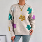 Damen Strickpullover mit glitzernden Blütenapplikationen R&B