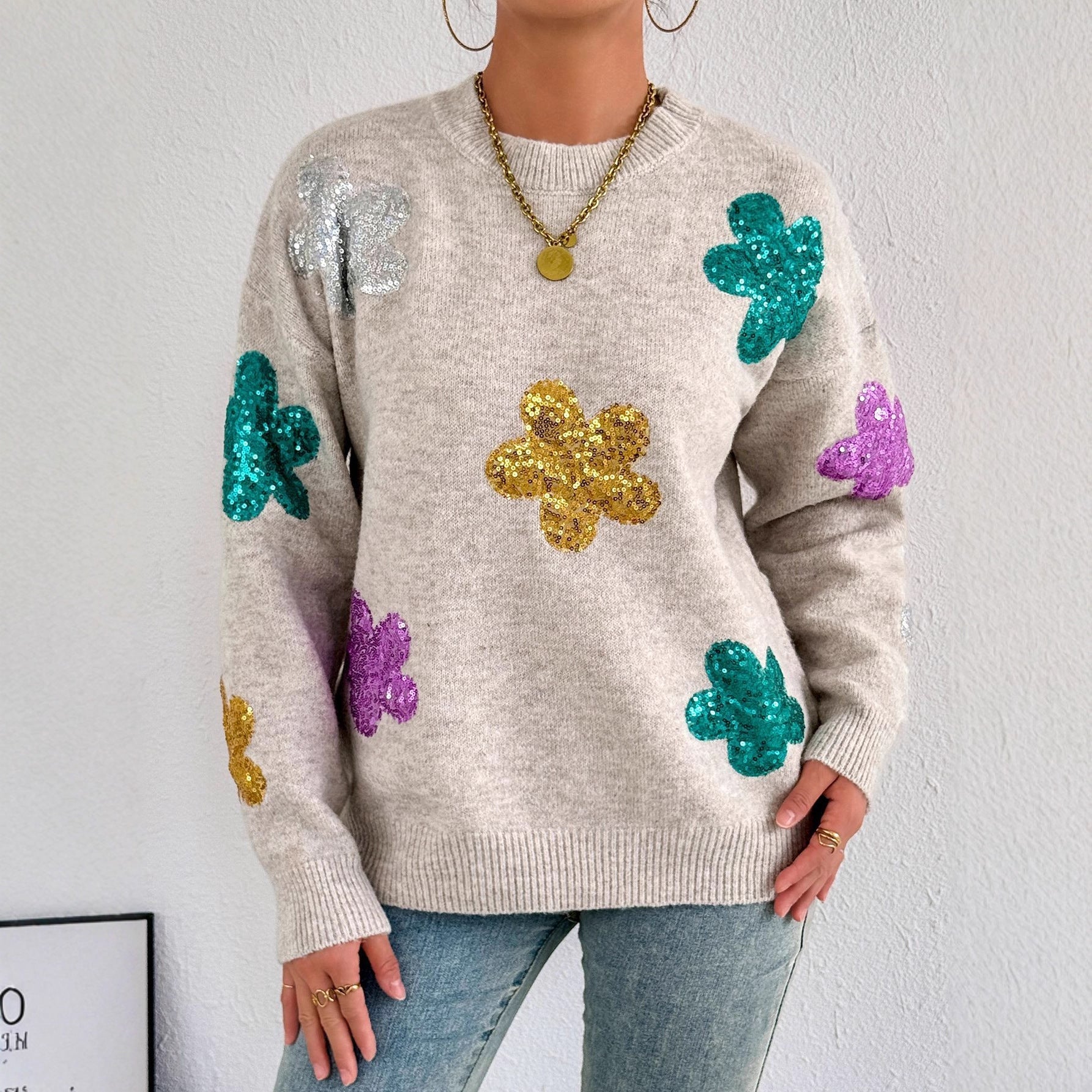 Damen Strickpullover mit glitzernden Blütenapplikationen R&B