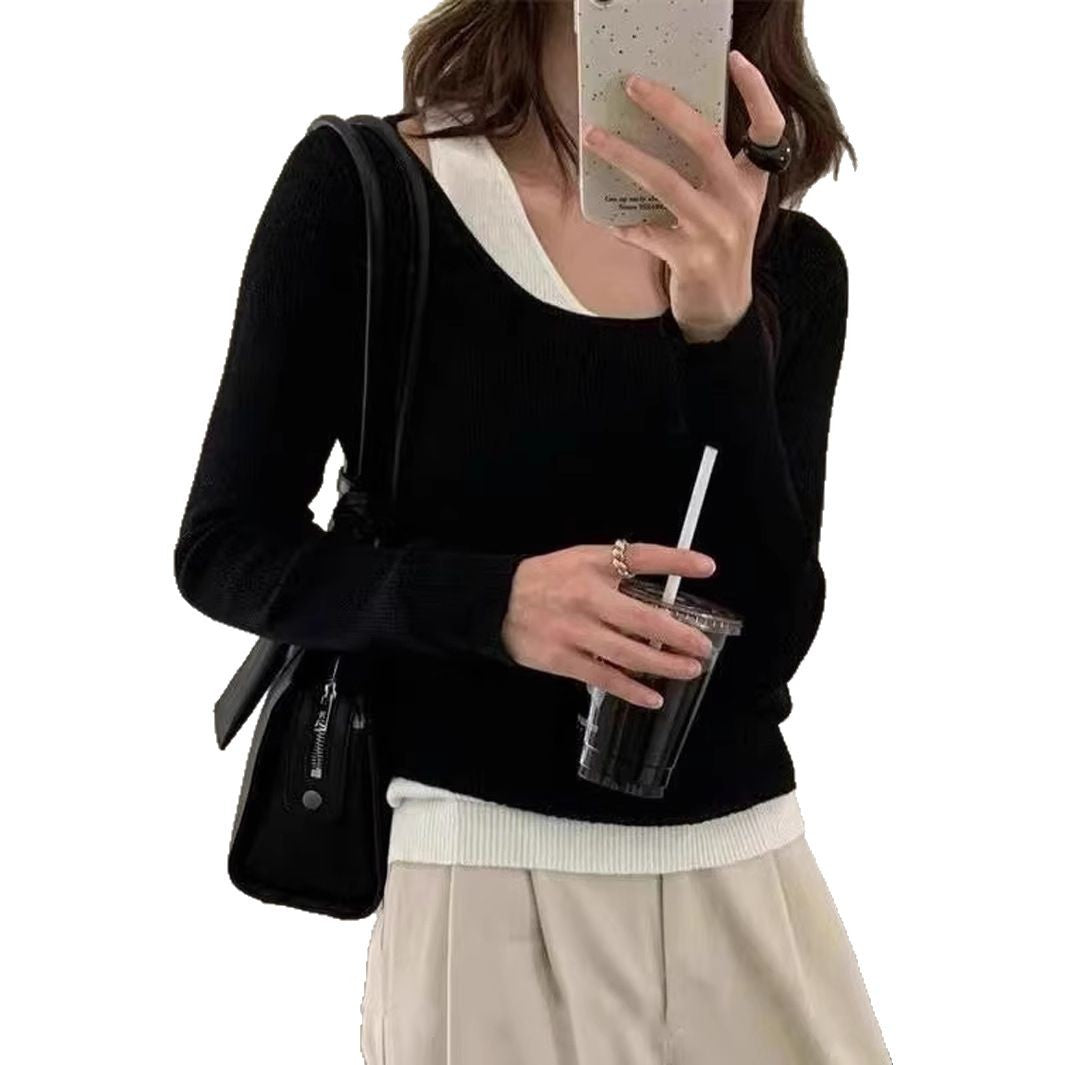 Damen lässiger V-Ausschnitt Strickpullover mit kontrastrierendem Saum R&B
