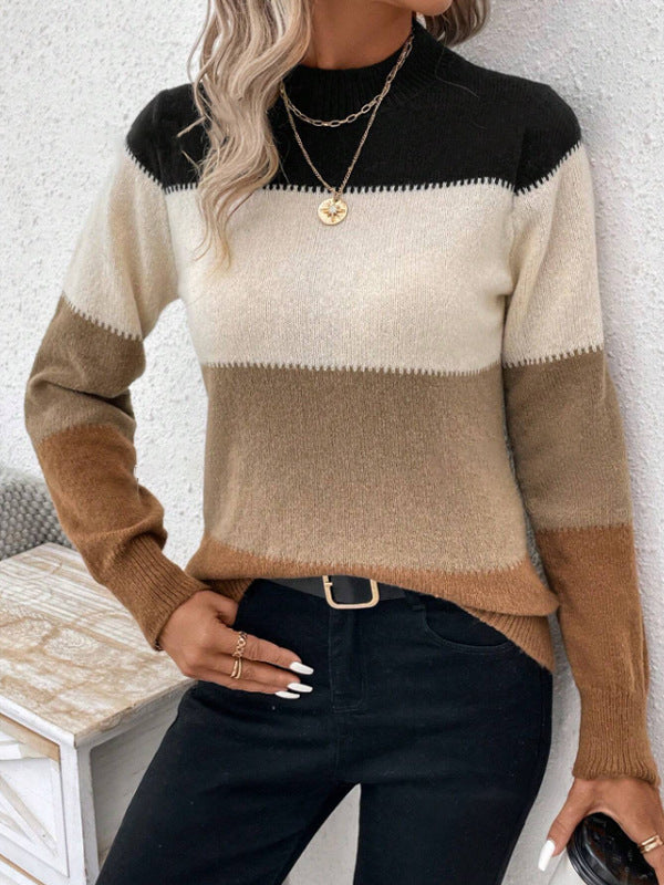 Damen modischer Strickpullover mit trendigem Blockstreifen und steigendem Kragen R&B