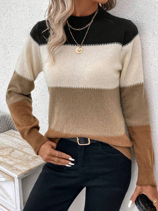 Damen modischer Strickpullover mit trendigem Blockstreifen und steigendem Kragen R&B