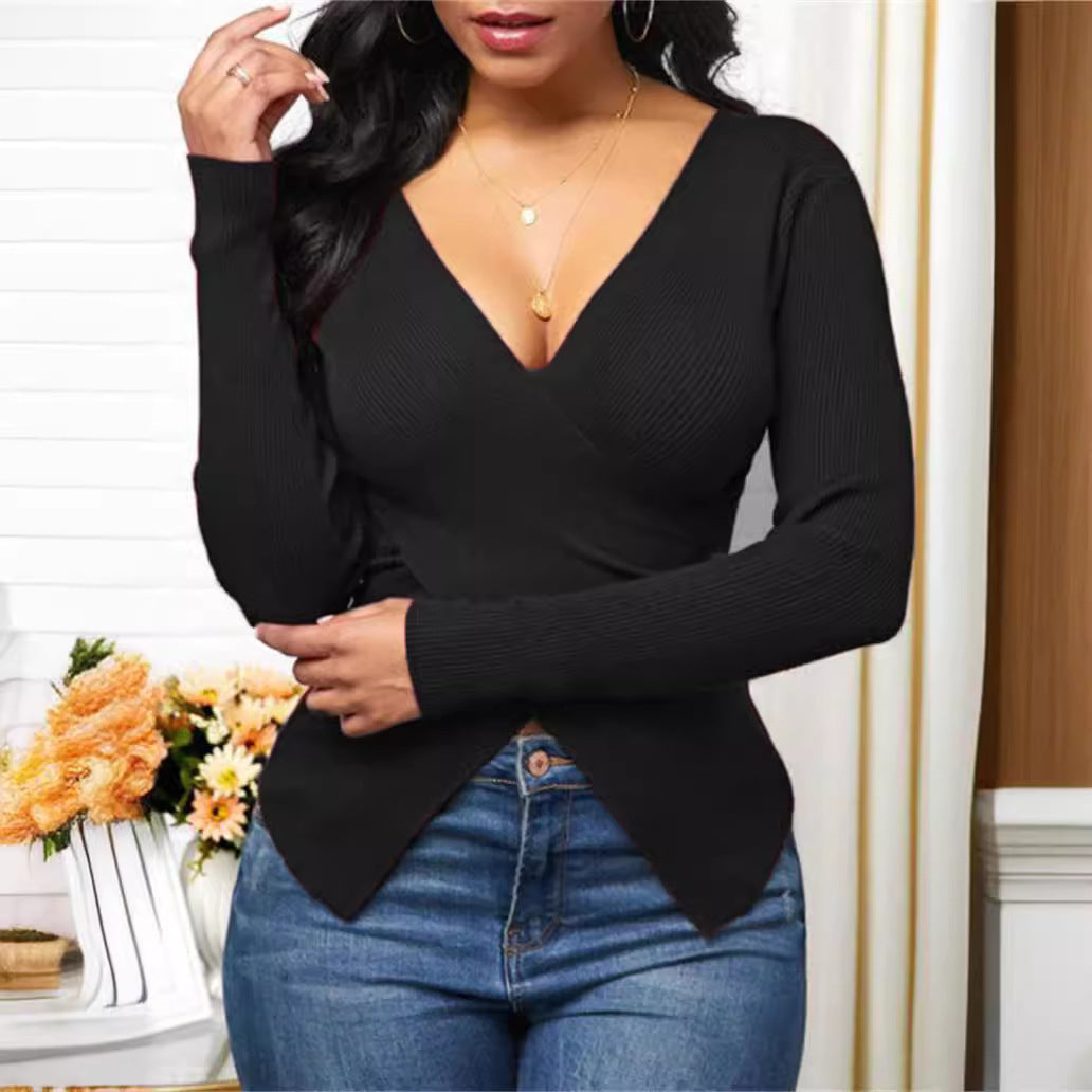 Damen Wickeloberteil mit tiefem V-Ausschnitt und feinem Rippdesign R&B