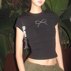 Damen Kurzarm T-Shirt mit elegantem Schleifenmuster und figurbetontem Design R&B