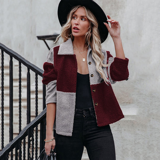 Damen kuschelige Oversized-Jacke im Patchwork-Stil R&B