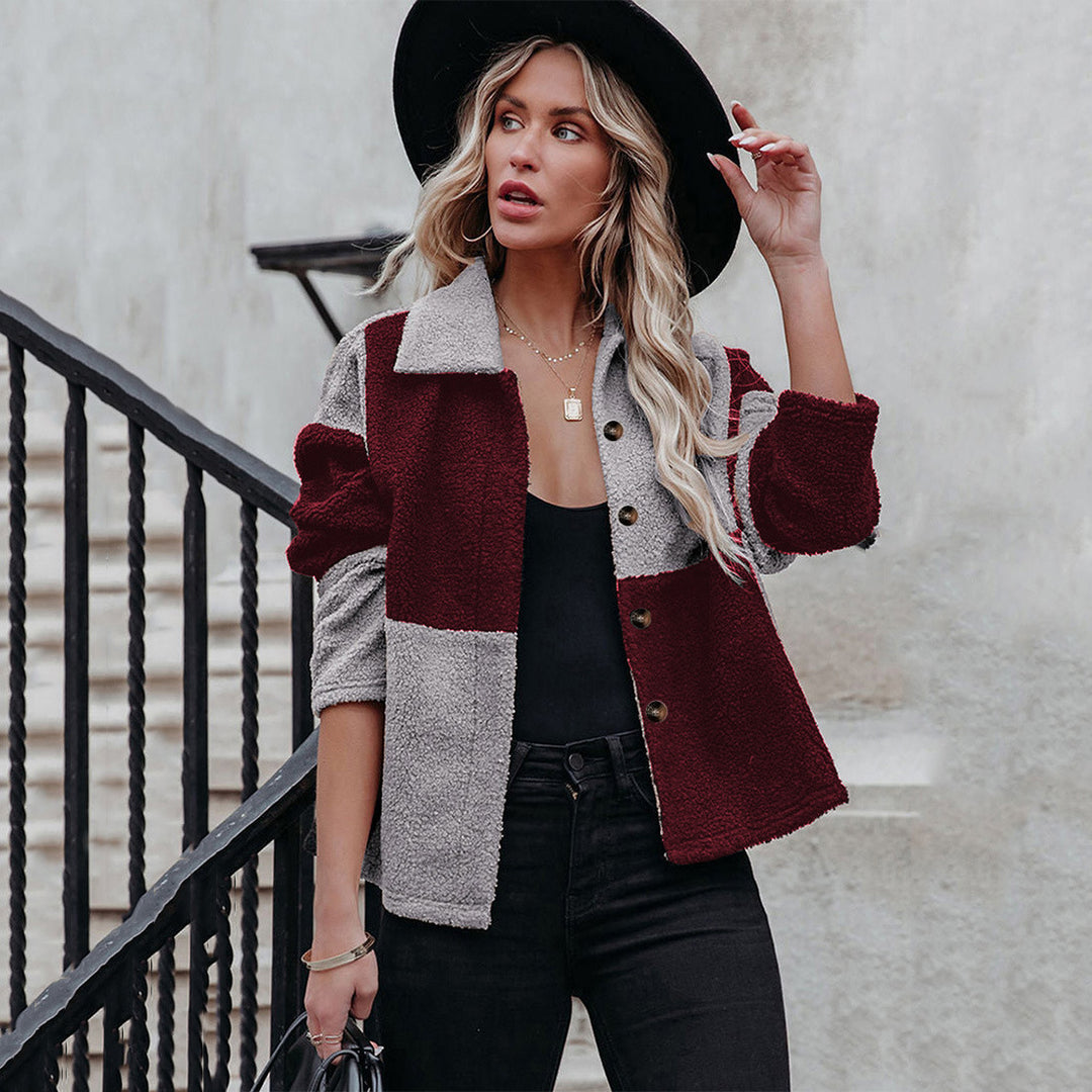 Damen trendige Teddyjacke mit modernem Patchwork-Design R&B