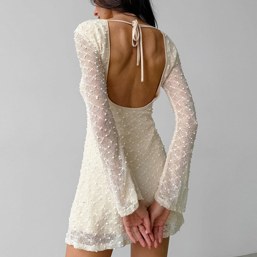 R&B | Jacquard Mini Kleid Taillierte Silhouette Rundhals Langarm Rückenfrei mit Schleife