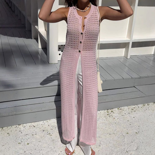 Damen Länge Strickjacke mit Perforiertem Design und Knopfverschluss R&B