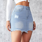 Damen Denim-Minirock mit ausgefranstem Saum und modischen Rissdetails R&B