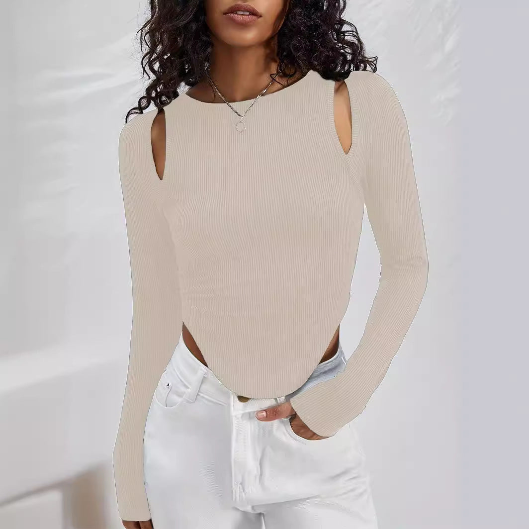 Damen Langarmshirt mit asymmetrischem Cut-Out und Rippstruktur R&B
