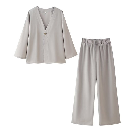 Damen Set aus eleganter Bluse mit V-Ausschnitt und weit geschnittenen Palazzo-Hosen R&B