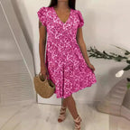 Damen Sommerliches Blütenmuster Kleid mit V-Ausschnitt und Rüschendetails R&B