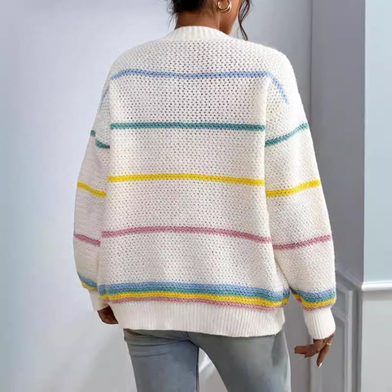 Damen gemütlicher Strickcardigan mit bunten Streifen R&B