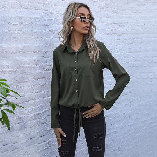 Damen Elegante Bluse mit Krawattenverschluss und Brusttaschen R&B