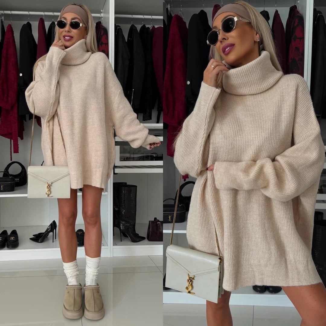 Damen Oversized Strickpullover mit hohem Kragen und weichem Material R&B