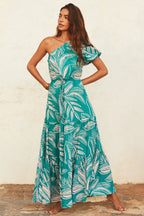 Damen Maxikleid mit asymmetrischem Schnitt und lR&Bhaftem Blattmuster R&B