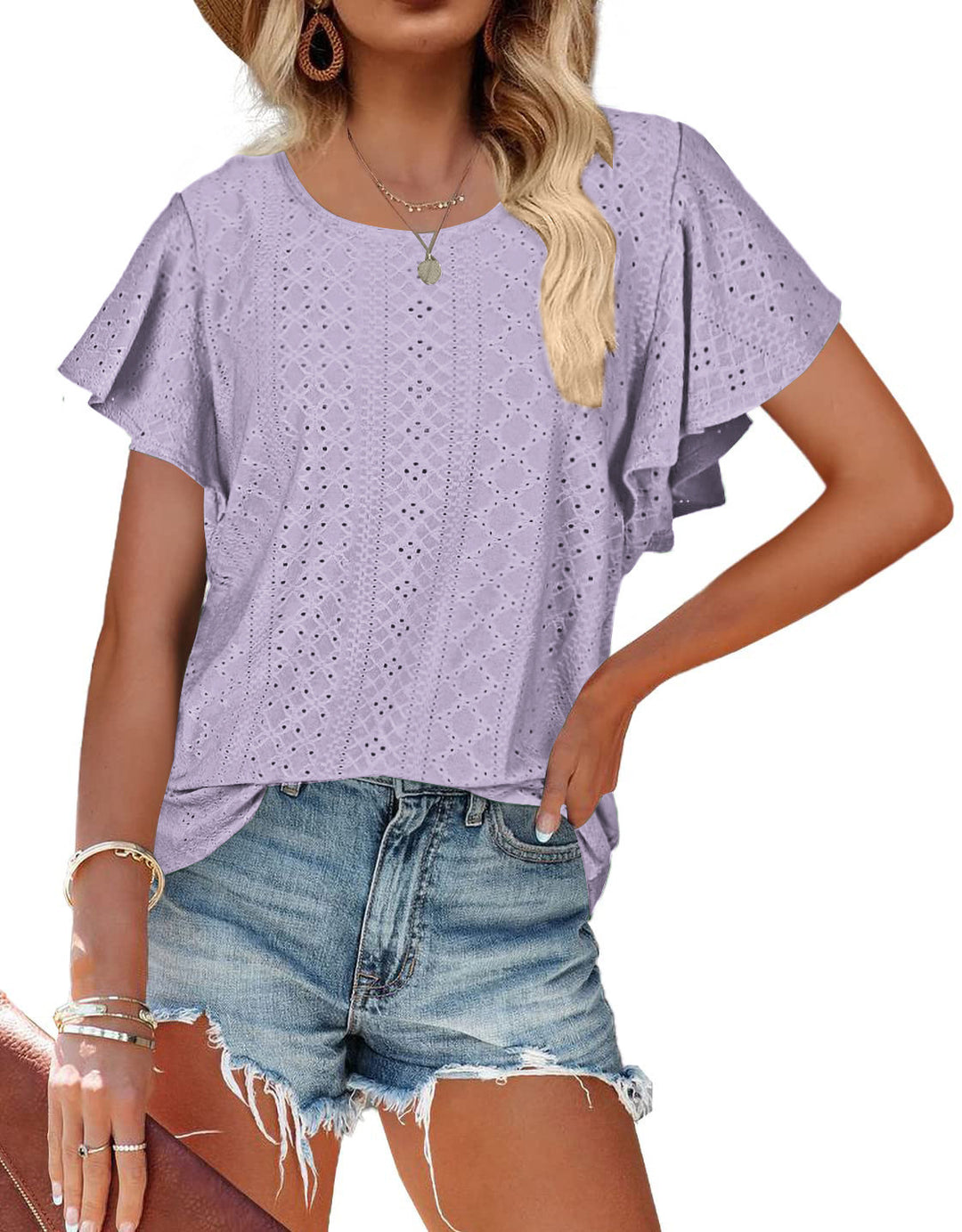 Damen Kurzärmlige Bluse mit Rüschendetails und Lochmuster R&B