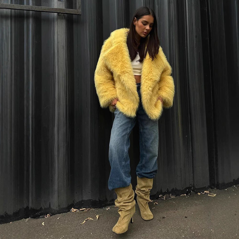 Damen flauschige Teddyjacke mit breitem Kragen und seitlichen Eingrifftaschen R&B