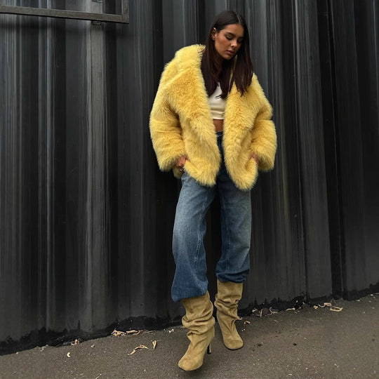 Damen flauschige Teddyjacke mit breitem Kragen und seitlichen Eingrifftaschen R&B