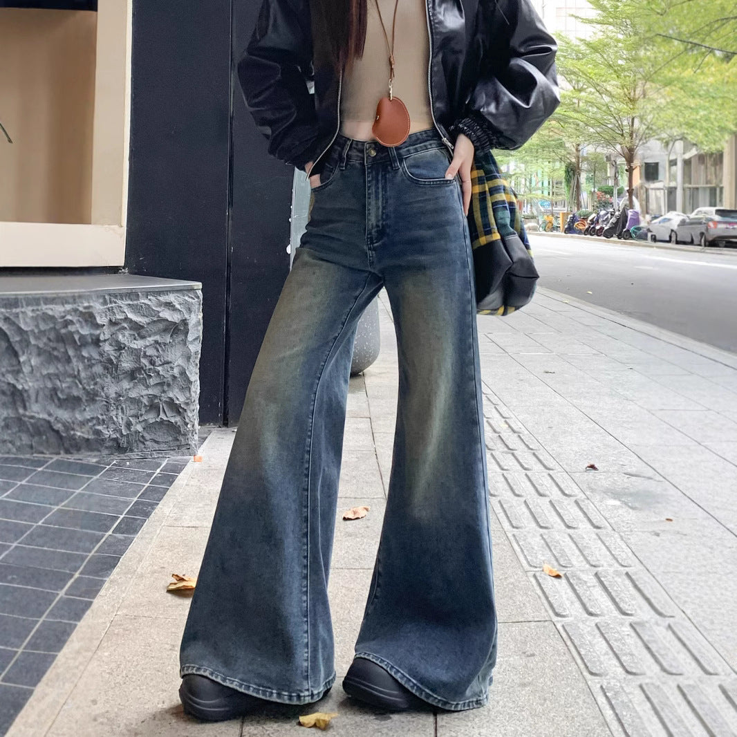 Damen weit geschnittene Flared-Jeans mit hohem Bund und modischem Design R&B