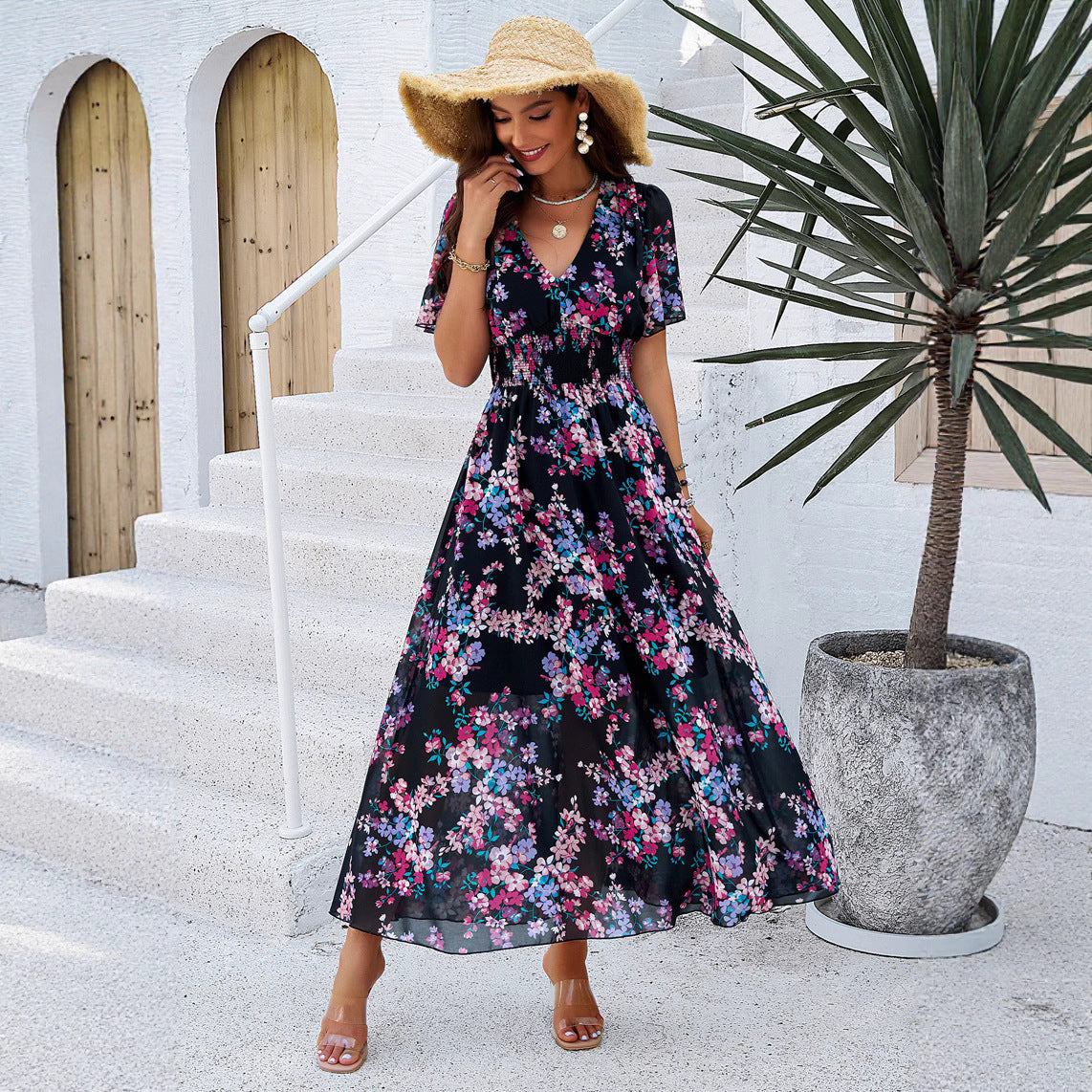 Damen Maxikleid mit floralen Details und elastischem Taillenbund R&B