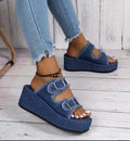 Damen bequeme Plattformsandalen aus Denim mit doppeltem Riemen R&B