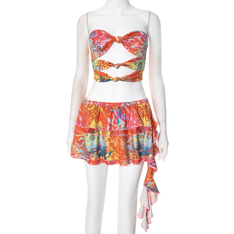 Damen Bandeau-Wickeloberteil mit verspieltem Rock und floralen Prints R&B