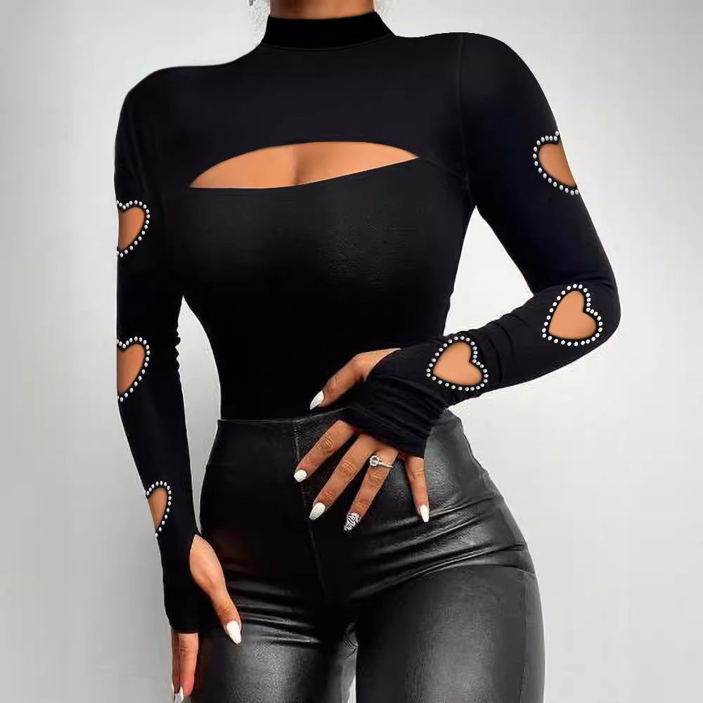 Damen Langarm Body mit Herz-Cut-Outs und Strassdetails R&B