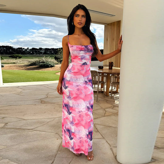 Damen elegantes Langarm-Maxikleid mit floralem Design und schmaler Silhouette R&B