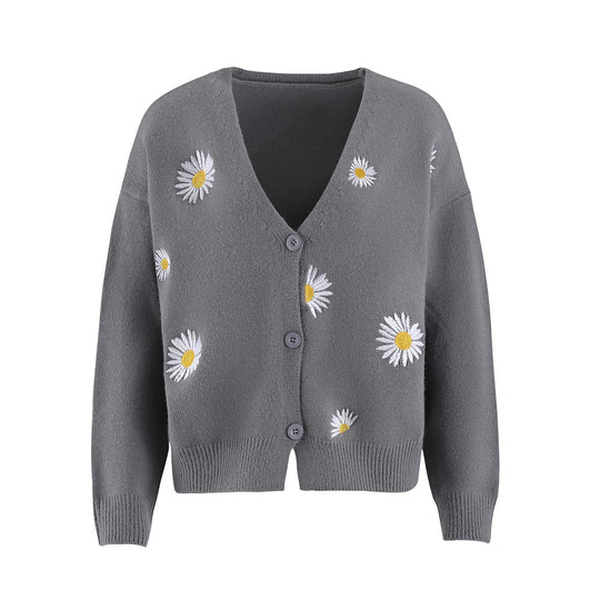 Damen Strickjacke mit Blumenstickerei und V-Ausschnitt R&B