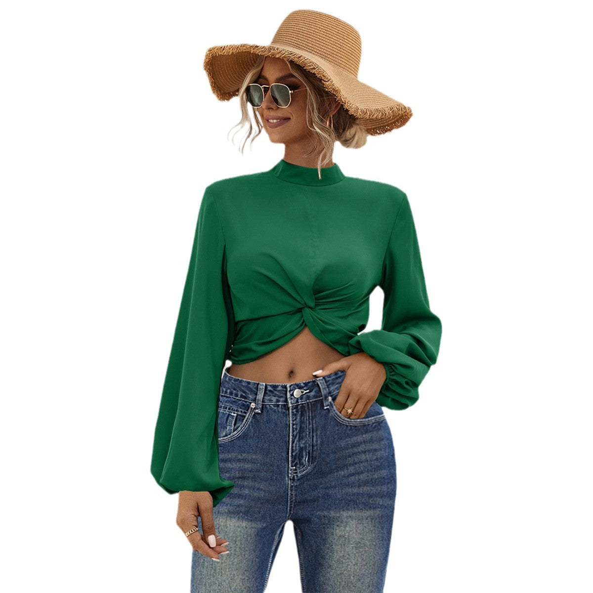 Damen modisches Cropped Blusenoberteil mit voluminösen Ärmeln und eleganter Knopfleiste R&B