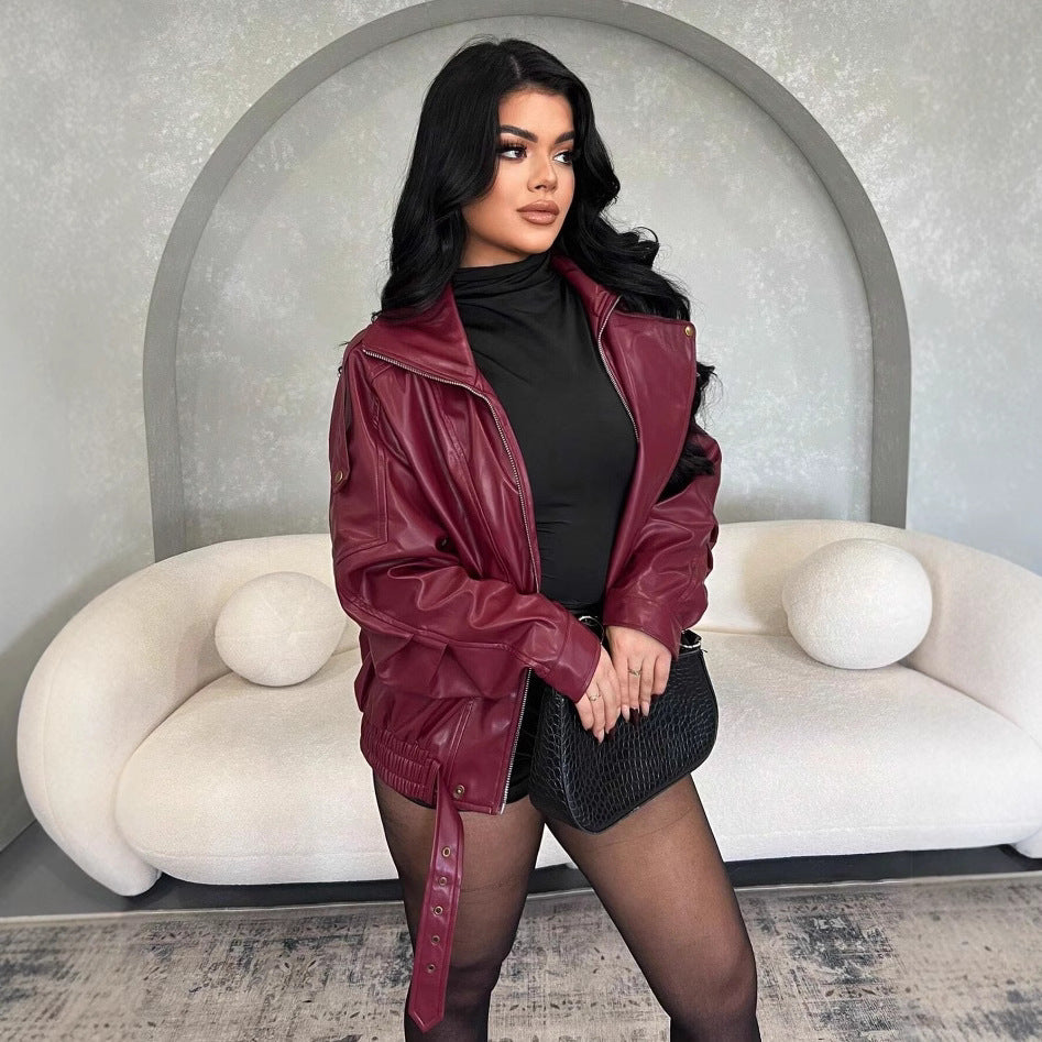 Damen Kunstlederjacke mit figurbetontem Schnitt und dekorativem Gürtel R&B