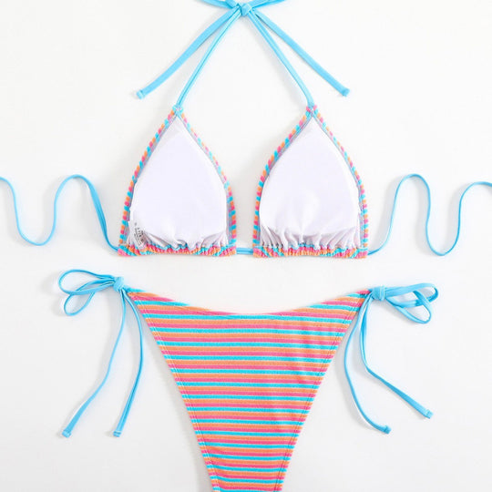 Damen Triangel-Bikini mit verstellbaren Bindebändern und verspieltem Streifenmuster R&B