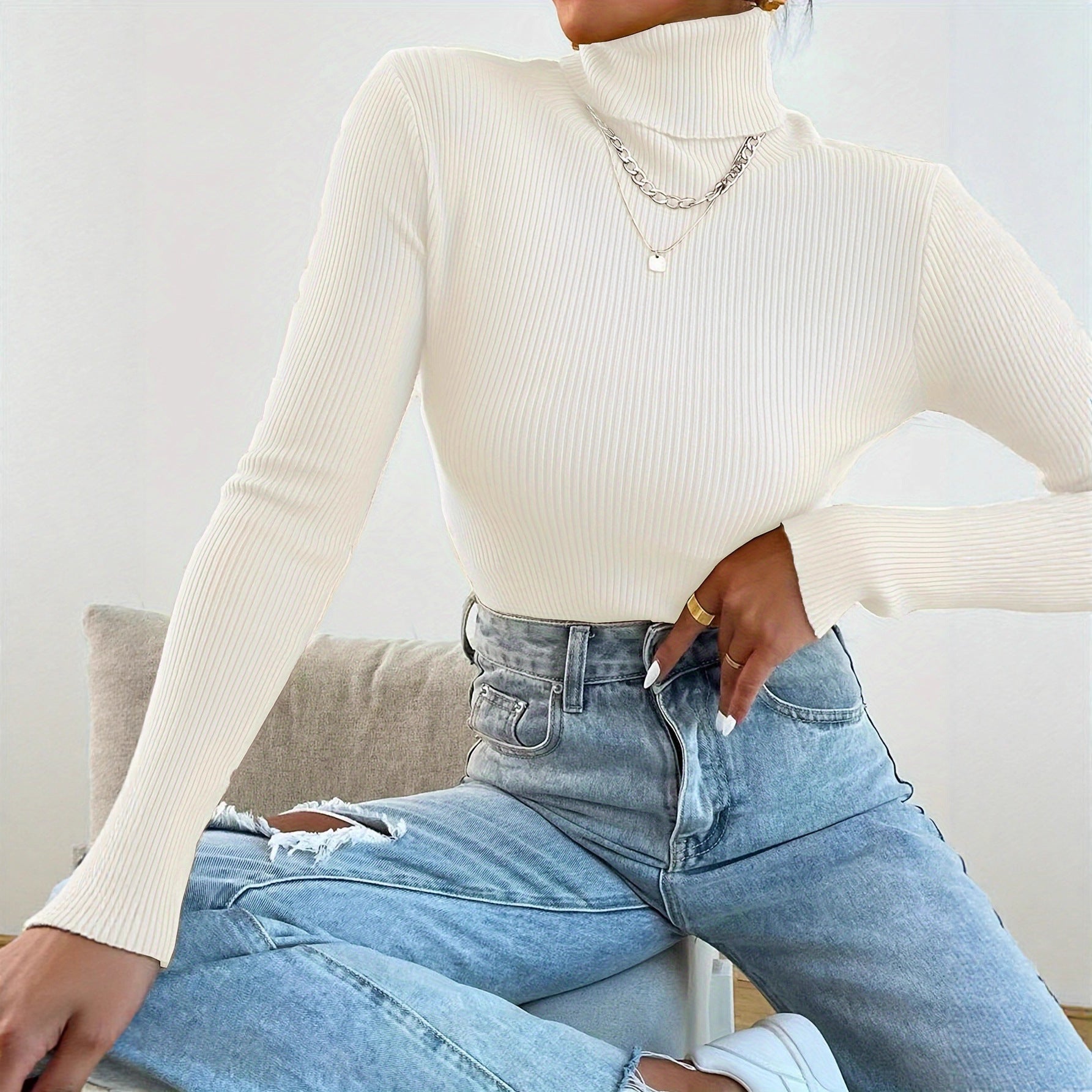 Damen Rollkragenpullover mit modernem Rippdesign R&B