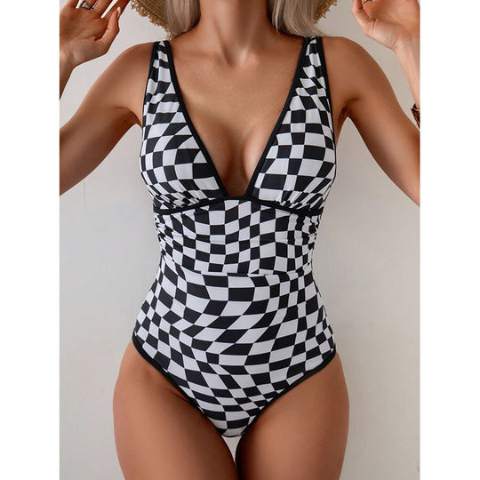 Damen Einteiliger Badeanzug im modischen Schachbrettdesign R&B