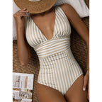 Damen Einteiler Badeanzug mit elegantem V-Ausschnitt und modischem Streifenmuster R&B