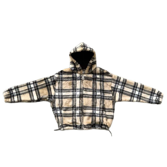 Unisex nan gefütterte Plaid-Fleece-Bomberjacke mit Kapuze Kordelzug und Reißverschlusstaschen R&B