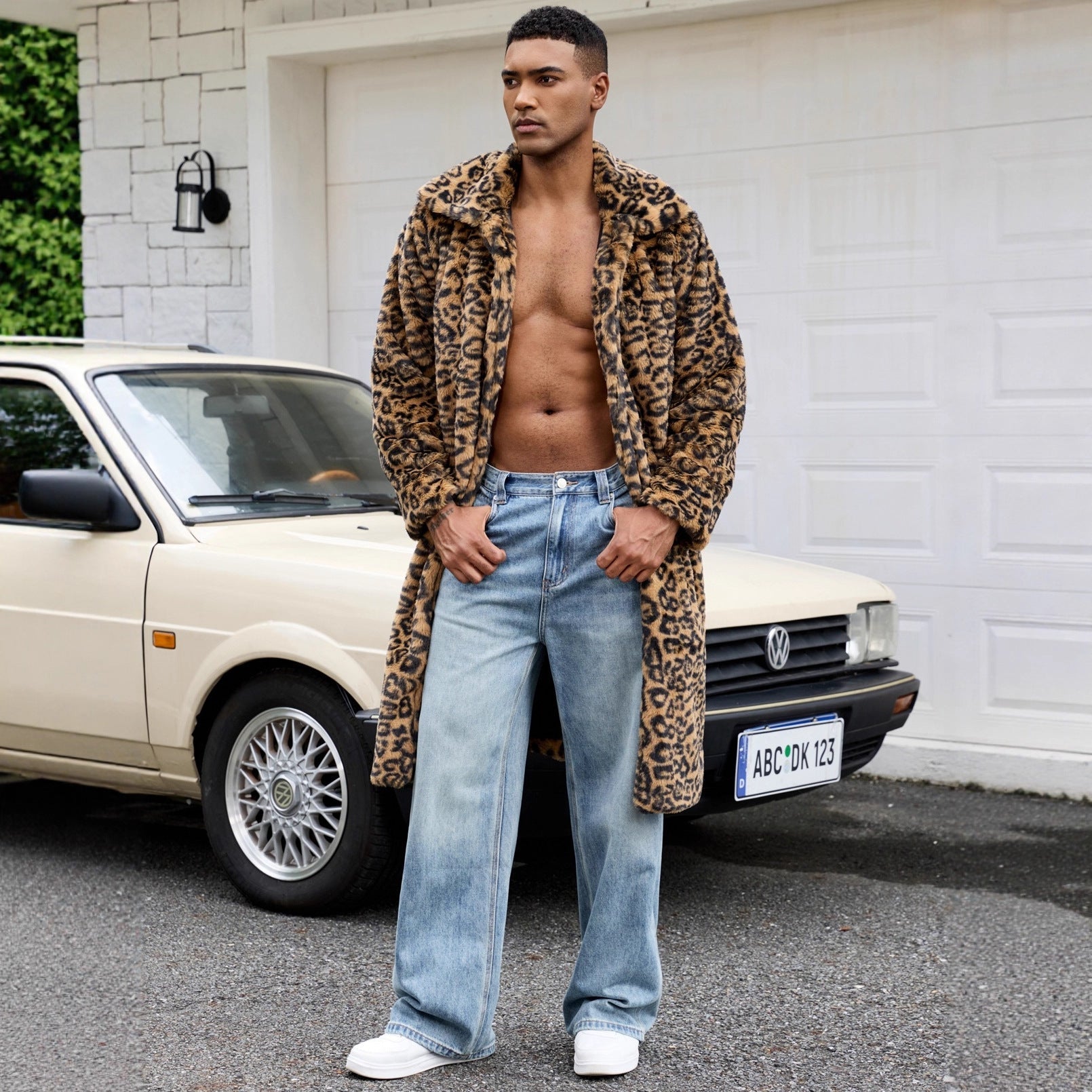 Herren Luxus Kunstpelzmantel mit Leopardenmuster R&B