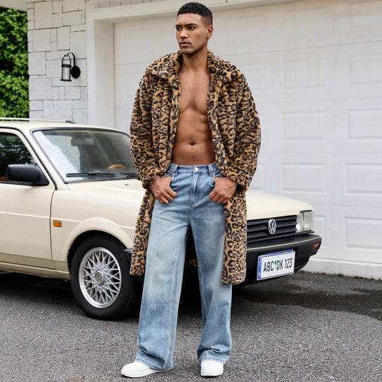 Herren Luxus Kunstpelzmantel mit Leopardenmuster R&B