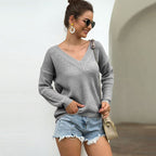 Damen lässiger Strickpullover mit V-Ausschnitt und strukturiertem Muster