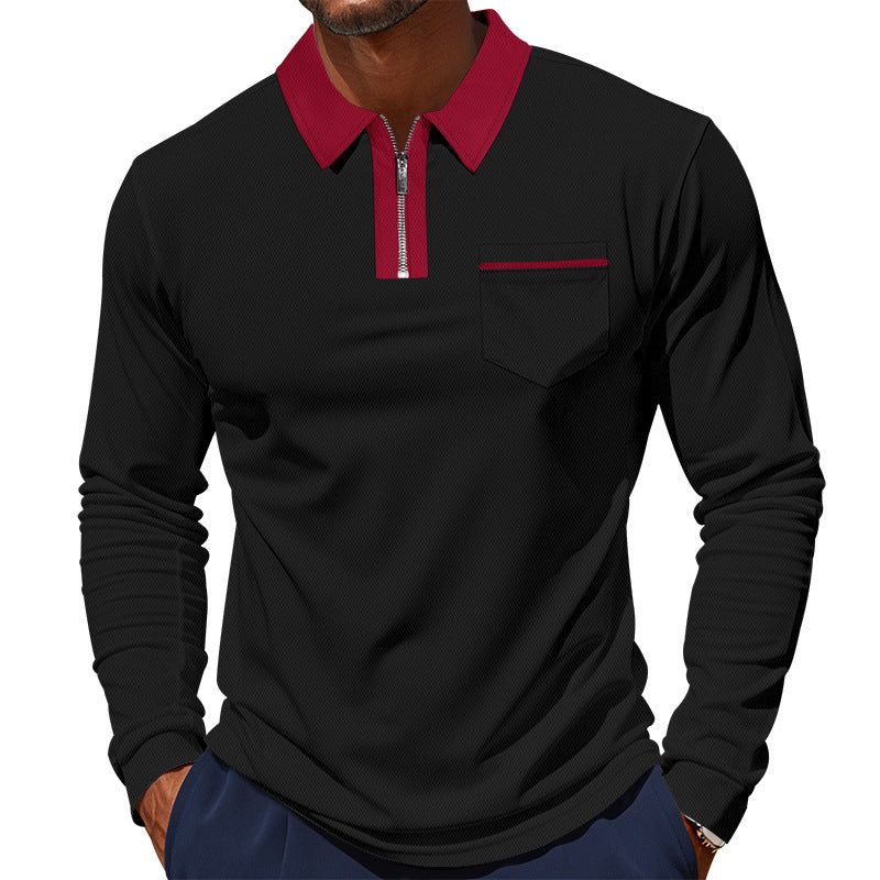 Herren nan langärmeliges Polo mit halbem Reißverschluss, aufgesetzter Brusttasche und feiner Strukturjersey-Qualität R&B
