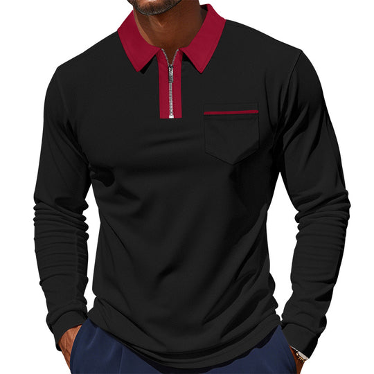 Herren nan langärmeliges Polo mit halbem Reißverschluss, aufgesetzter Brusttasche und feiner Strukturjersey-Qualität R&B